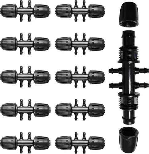 Accesorios de riego en forma de T de púas, conectores de riego anticaídas de púas de 1/2 a 1/4 pulgadas para patio, césped, granja y jardín (10 Negro