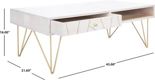 Miniatura 3 de Safavieh Home Collection Mesa de centro con patas de horquilla de latón y lavado blanco de mediados de siglo de caléndula Blanco lavado y latón