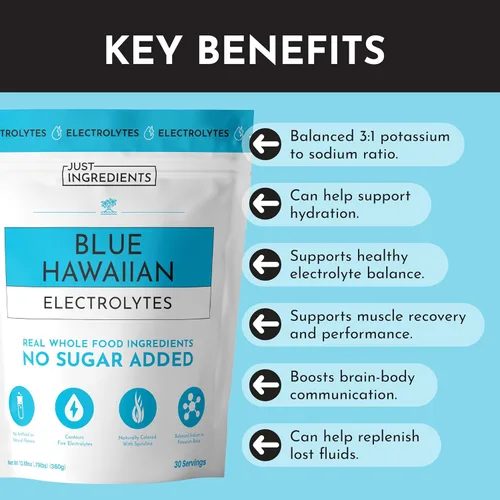 Miniatura 6 de JUST INGREDIENTS Blue Hawaiian - Mezcla de bebida de electrolitos 30 porciones Agua de coco orgánica, espirulina y electrolitos de 5 claves