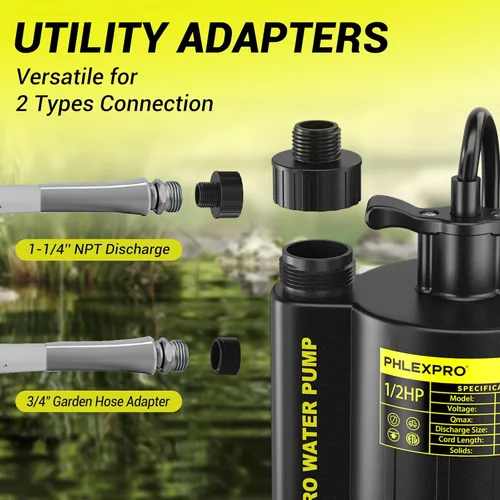 Miniatura 6 de Bomba de agua sumergible automática de 1/2 HP, bomba de sumidero de 110 V sumergible con extracción de agua de 2650 gph, adaptador de válvula