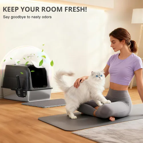 Miniatura 3 de Caja de arena para gatos de acero inoxidable con tapa, caja de arena grande XL cerrada para gatos de alta cara, caja de metal para gatos con tapa