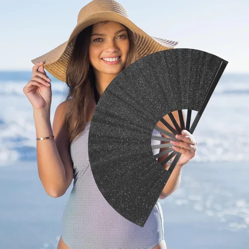 Miniatura 4 de Ventilador de mano plegable grande para rave, ventilador de estallido para baile de línea, ventilador plegable para exteriores, boda, fiesta, Negro