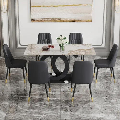 Miniatura 8 de Juego de mesa de comedor MUUOKY para 6, mesa de cocina y sillas para 6, tapa de mesa de piedra sinterizada con 6 sillas de comedor modernas Mesa