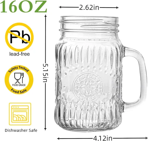 Miniatura 2 de SUT Mason Jar - Vasos para beber con asa, paquete de 6, 16 onzas, tazas de tarro Mason en relieve vintage para café helado, jugo, té y cerveza
