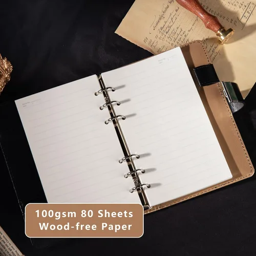 Miniatura 4 de TIEFOSSI Diario de cuero estrellado con cerradura, carpeta de papel recargable, diario de contraseña, cuaderno secreto A6 de tapa dura para mujeres