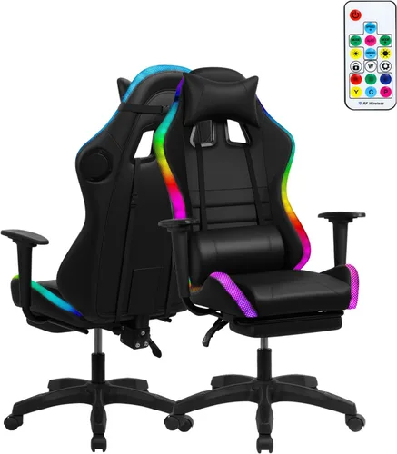 Miniatura 13 de Silla de juegos con altavoces Bluetooth y luces LED, silla ergonómica de piel sintética con reposapiés retráctil, silla giratoria de 360° con Rojo