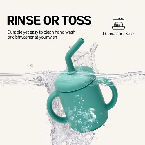 Miniatura 6 de Paquete de 2 tazas para beber 100% silicona para bebé, taza pequeña de entrenamiento de silicona con asas y popote para bebés y niños pequeños verde