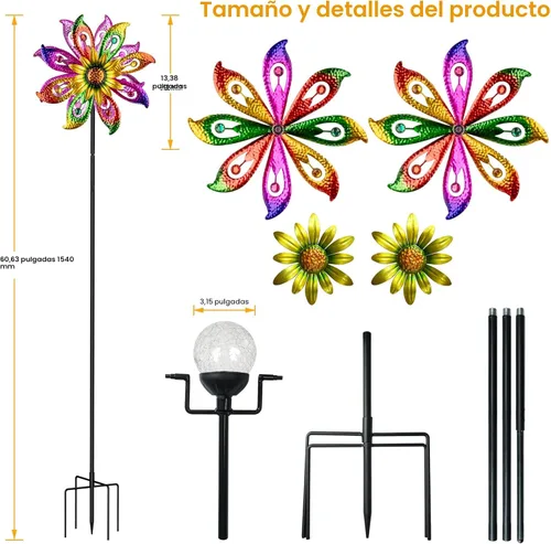 Miniatura 6 de Molinillo de viento solar de 360° con luces, girasol, jardín, decoración al aire libre, patio, césped, decoración artística para patio, molinos