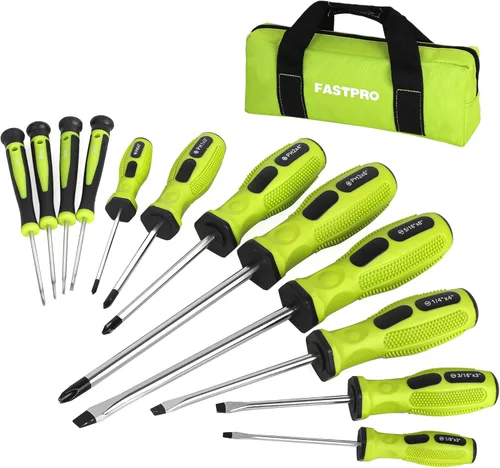 Juego de 12 piezas de destornilladores magnéticos FASTPRO con destornilladores Phillips ranurados y destornilladores de precisión, kit de Verde