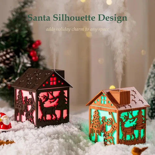 Miniatura 2 de Humidificador de madera de Navidad para casa, 8.1 fl oz, mini humidificador de niebla fría con diseño LED de Papá Noel, 7 luces de color, alimentado