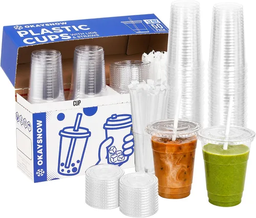 Paquete de 50 unidades de vasos de plástico desechables de 12 onzas con tapas y pajita, vasos para llevar con tapas para café helado - Esenciales