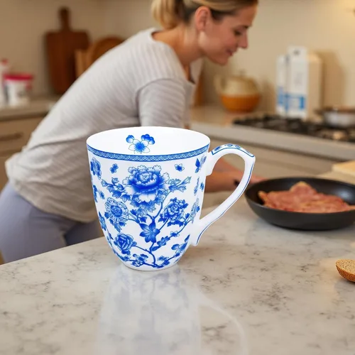 Miniatura 3 de Taza floral de porcelana de hueso de 14 onzas, taza de café floral para mujeres y hombres, taza de té de café de porcelana de hueso con asa cómoda