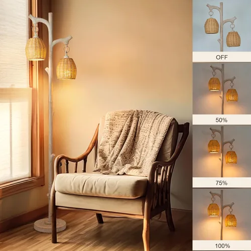 Miniatura 3 de Scenekoy Lámpara de pie rústica de 68 pulgadas de alto, para tronco de árbol, columna de madera sintética, pantalla de tambor de mimbre lavado