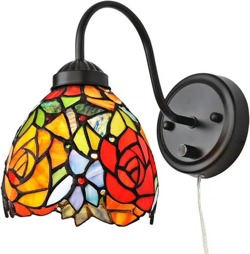 Tiffany - Lámpara de pared para mesita de noche con interruptor regulable, aplique de pared de cuello de ganso vintage industrial con cable de