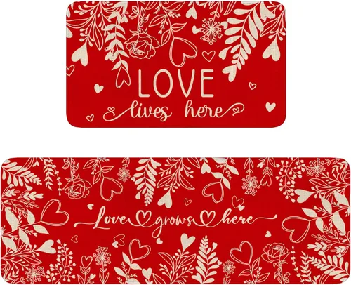 Miniatura 9 de Juego de 2 alfombras y tapetes de cocina, para el día de San Valentín, decoración de corazón rojo, antideslizantes, parte trasera de goma