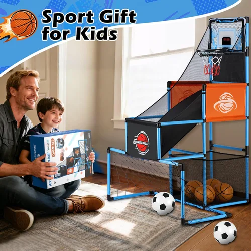 Miniatura 6 de Juego de Arcade de Baloncesto y Portería de Fútbol 2 en 1 para Niños, Aro de Baloncesto Ajustable para Niños con 6 Pelotas y Bomba