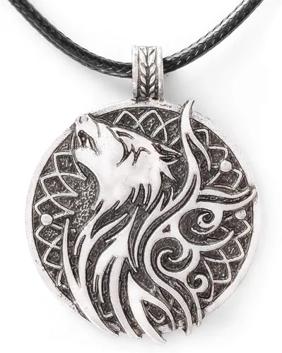 HAQUIL Collar de lobo, colgante redondo de medallón de lobo, cordón de piel sintética, regalo de joyería de lobo para hombres