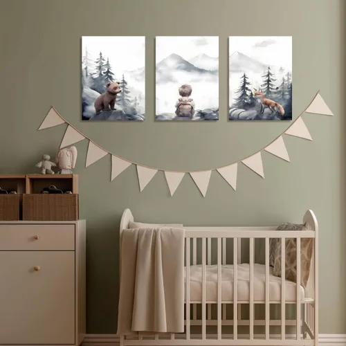 Miniatura 5 de kilamino Arte de pared de bosque neutral con animales salvajes, lindo póster de oso y zorro para guardería, impresiones de póster de aventura