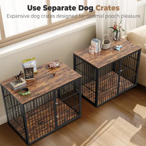 Miniatura 6 de Lyromix 94.48'' Mueble de jaula para perros de raza grande con soporte para TV de dos habitaciones, mesa auxiliar de jaula para perros de madera