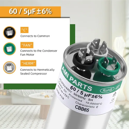 Miniatura 4 de AMI PARTS 60+5 MFD 60/5 uF 370/440V CBB65 CBB65B Condensador redondo de doble ejecución Reemplazo para 97F9895 Z97F995, para bomba de calor