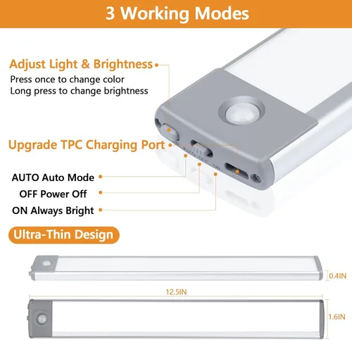 Miniatura 4 de Luces para debajo del gabinete de 12.5 pulgadas, inalámbricas magnéticas sin taladro, luces recargables con sensor de movimiento USB-C, batería