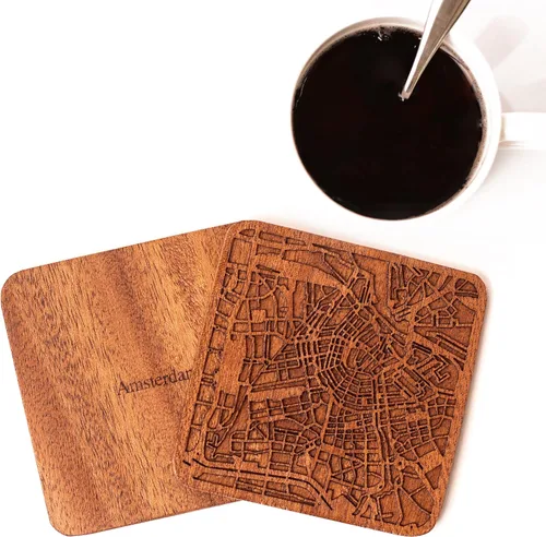 Miniatura 3 de Posavasos Amsterdam Map by O3 Design Studio, 1 pieza, posavasos de madera Sapele con mapa de la ciudad, hecho a mano, varias ciudades opcionales