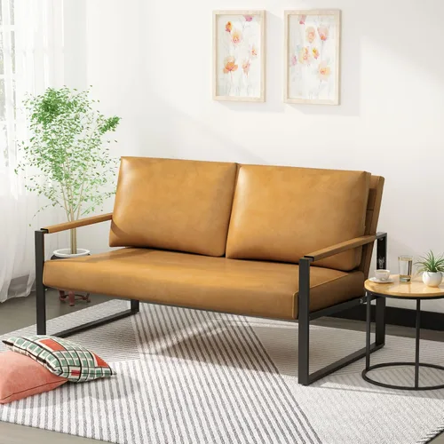 Lamerge Sofá biplaza, sofá moderno de cuero de 2 plazas, sofá de mediados de siglo tapizado, sillón decorativo para sala de estar con marco de