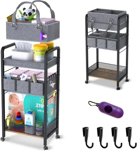 Organizador de Pañales para Bebé 2 en 1 - Carrito de Almacenamiento Rodante de 3 Niveles con Divisores - Carrito de Pañales de Cabecera para Negro
