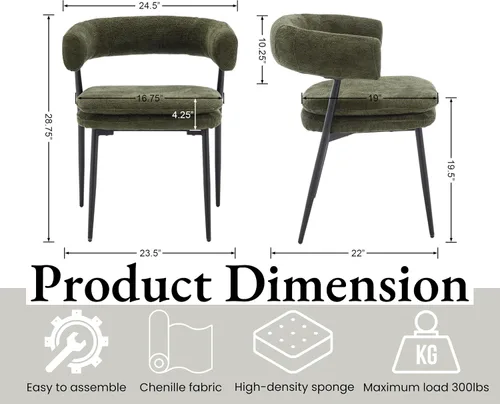 Miniatura 2 de EALSON Juego de 2 sillas de comedor tapizadas de tela moderna con respaldo abierto curvo/patas de metal resistentes, cómodas sillas laterales