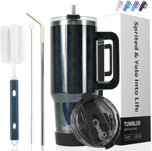 Miniatura 31 de Vaso de 20 oz con asa, vaso con tapa y pajita, vaso de doble pared con aislamiento de acero inoxidable para viajes (frío durante 34 horas), botella