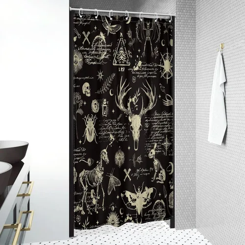 Miniatura 3 de Black Gothic Small Stall Shower Curtain 36Wx72H RV Spooky Skull Skeleton Spooky Funny Animal Western Moth Moon Bone Mystic Leaves Bathroom Decor