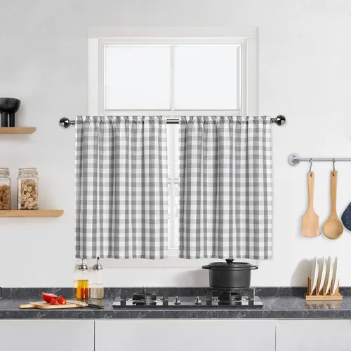 Miniatura 26 de Cortinas de Cocina Estilo Granja de Cuadros Vichy Blanco y Negro de 24 Pulgadas de Largo, Cortinas de Café de Media Ventana de Cuadros Buffalo