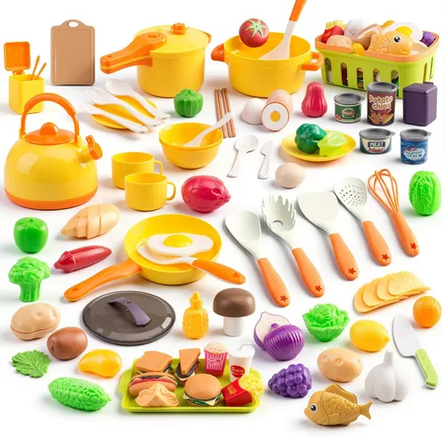 118 piezas de accesorios mini para cocina de juego para niños, juego de cocina de simulación con utensilios de cocina, vajilla y 2 juegos de frutas,