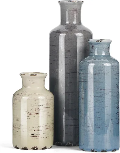 Juego de 3 jarrones de cerámica, florero pequeño para decoración del hogar, estante de mesa rústico de granja, decoración de entrada, jarrón vintage