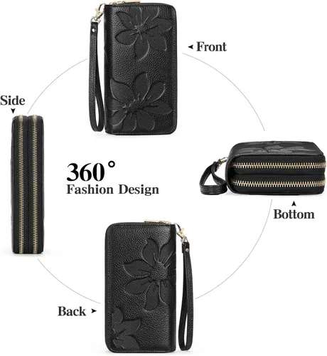 Miniatura 6 de GOIACII Cartera de mujer de gran capacidad con doble cremallera para mujer, soporte para teléfono con bloqueo RFID, correa de cuero
