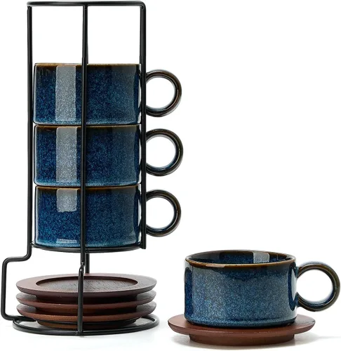 Miniatura 11 de LUKA - Juego de 4 tazas de café espresso apilables de cerámica con tablero de ajedrez en blanco y negro de 6 onzas, con platillos y soporte
