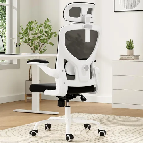 Miniatura 7 de Silla de oficina ergonómica, silla de escritorio giratoria de malla con respaldo alto, soporte lumbar ajustable, reposacabezas y reposabrazos Negro