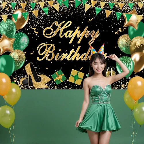 Miniatura 7 de Avezano Cartel verde de feliz cumpleaños verde dorado negro telón de fondo de feliz cumpleaños con purpurina decoración de fiesta de cumpleaños