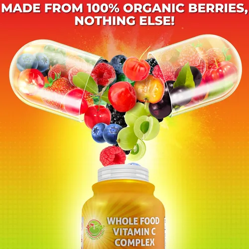 Miniatura 2 de Complejo de vitamina C de alimentos integrales, 1450 mg de bayas orgánicas, 675 mg de vitamina C por porción, antioxidante de alta potencia y apoyo