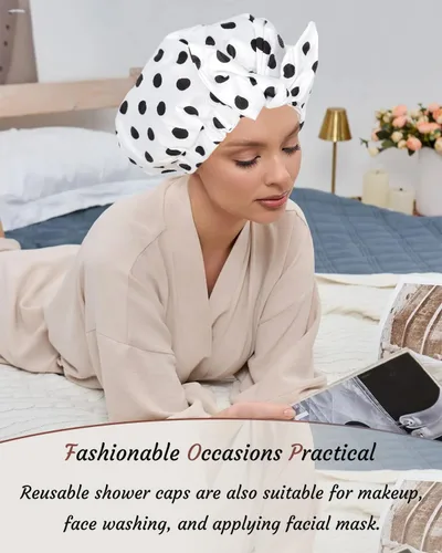 Miniatura 7 de 2 piezas de gorras de ducha para mujer, gorras de ducha reutilizables impermeables para el cabello con moño ajustable, lujosa gorra de baño