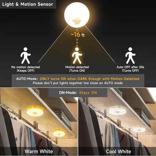 Miniatura 3 de Luz de sensor de movimiento LED recargable mejorada para interiores, batería brillante y duradera, luces de disco adhesivas con sensor de movimiento