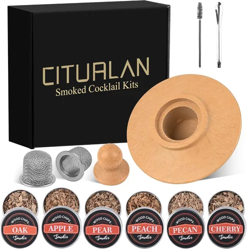 Kit de ahumador de whisky de 11 piezas con 6 sabores de virutas de madera, kit de infusor de ahumador de cóctel, kit de ahumador de bebidas
