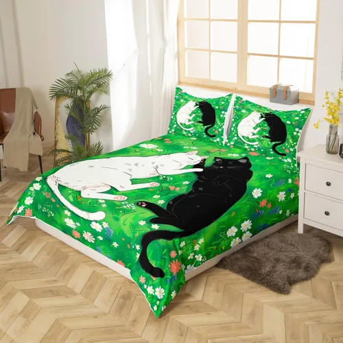 Miniatura 2 de Funda de edredón de gatos negros y blancos, juego de ropa de cama verde para niños, bonita funda de edredón de gatos para decoración de habitación