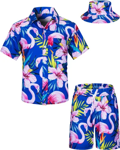 TUNEVUSE Little & Big Boys - Conjunto de camisas hawaianas con botones y pantalones cortos con sombrero de pescador, trajes de verano estampados