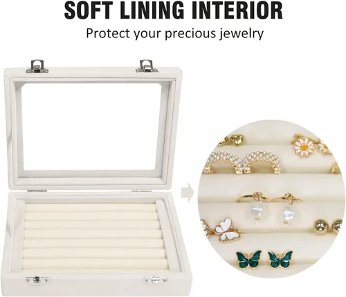 Miniatura 3 de Bandeja organizadora de anillos, 7 ranuras, caja de almacenamiento de joyas de terciopelo para aretes con tapa transparente, estuche de exhibición