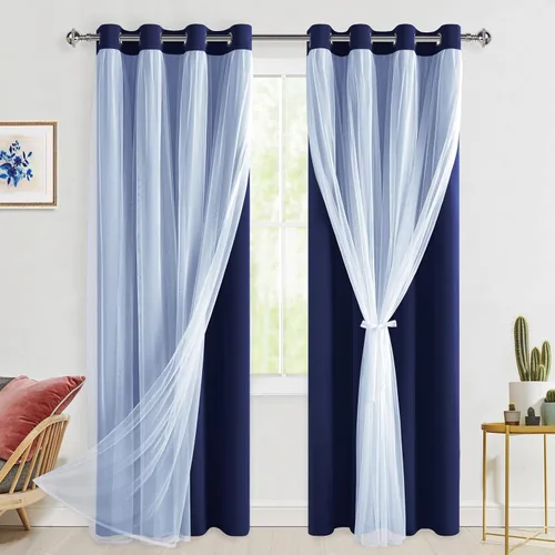 Miniatura 20 de Hiasan Cortinas opacas con superposición transparente, aislamiento térmico para mezclar y combinar de doble capa, cortinas de oscurecimiento de Beige