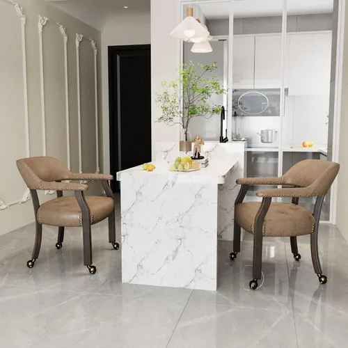 Miniatura 51 de Juego de 8 sillas de cuero de comedor con ruedas y brazos, silla de capitán Accent con ruedas, sillas de madera con ruedas enrollables para cocina