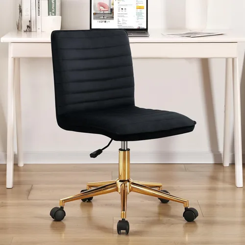 Furnimart Silla de Escritorio Giratoria Negra sin Brazos con Ruedas, Pequeña Silla de Oficina en Casa Tapizada en Terciopelo, Silla Ajustable de