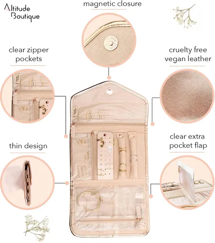 Miniatura 4 de Altitude Boutique Organizador de joyas de viaje plegable para viajes anillos de vacaciones collares pulseras aretes oro rosa mediano