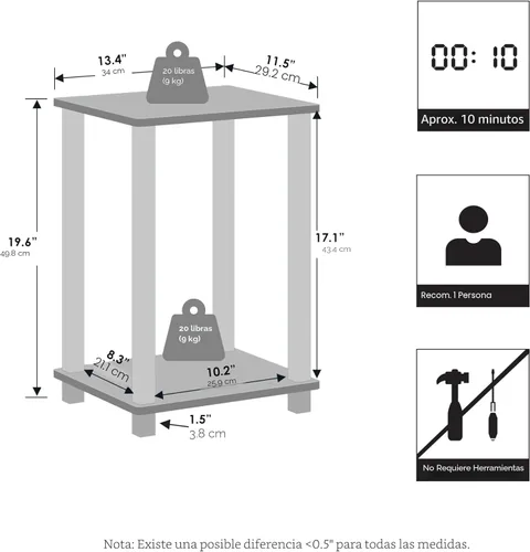 Miniatura 2 de Furinno Mesa de Noche Simplista, Mesita de Noche Pequeña de 2 Niveles con Estante Abierto, Mesa de Cabecera de Montaje sin Herramientas, Mesa